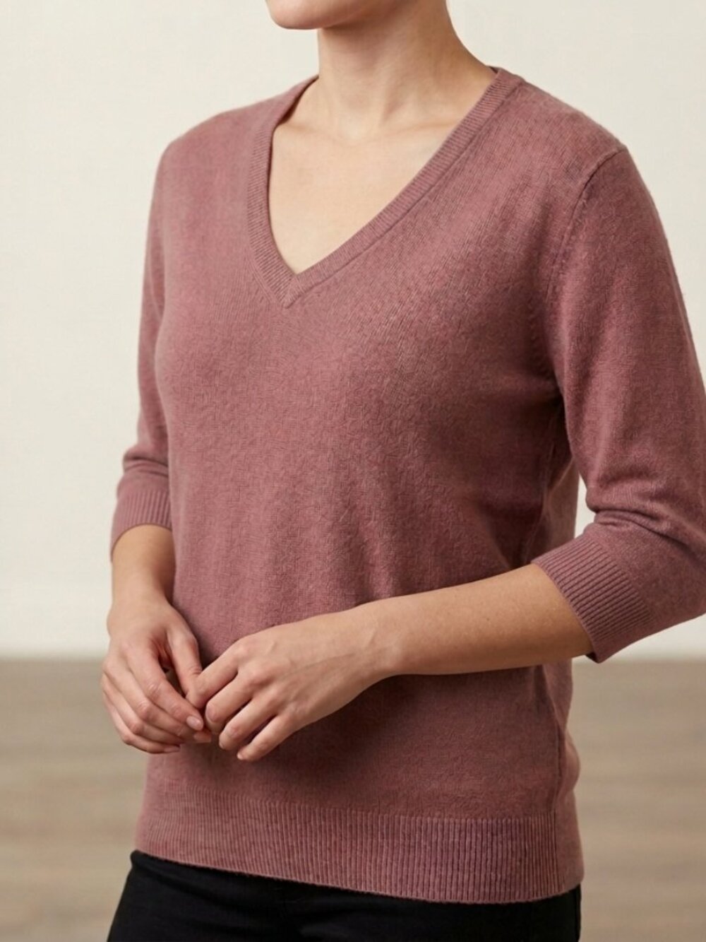 Quince 100% Cashmere V-Neck Sweater Mauve Rose 3/4 Sleeve Size Medium